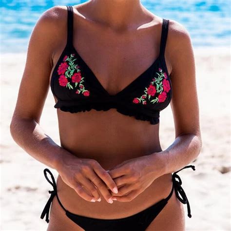 New 2018 Summer Women Sexy Floral Embriodery Bikini Set Push Up Padded Neon Bandage Swimwear