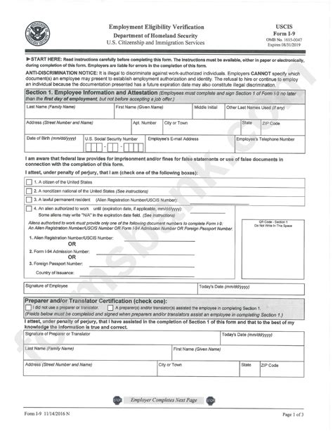Department Of Homeland Security Form I 9 Employment Eligibility