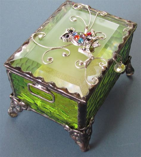 Apple Green Cathedral Glass Trinket Box Decorated With A Sweet Little Owl On The Clear Bevelled