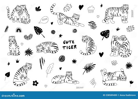 Cute Tiger Doodle Vector Set Black And White Cartoon Tiger Characters
