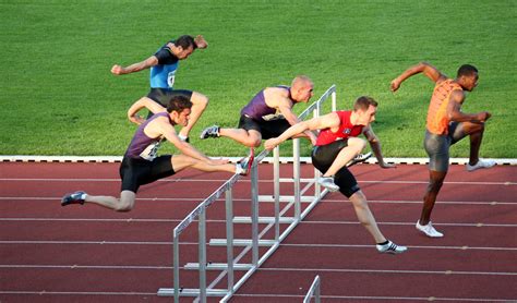 Sprint Hurdles Athlete Motion Mens Track Competitive Sport Sport