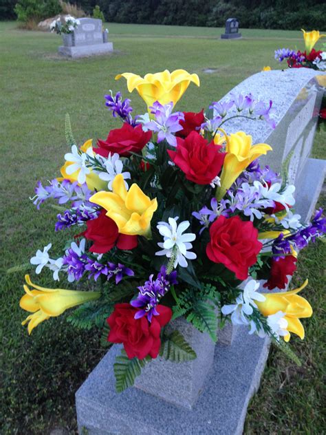 Xl christmas peppermint poinsettia's artificial silk flower cemetery bouquet vase arrangement. Spring/Summer cemetery vase using yellow lilies, red roses ...
