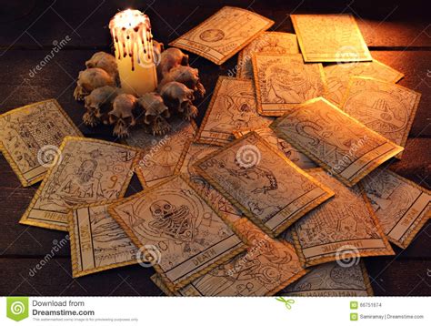 Pile Of The Tarot Cards With Candle Stock Photo Image