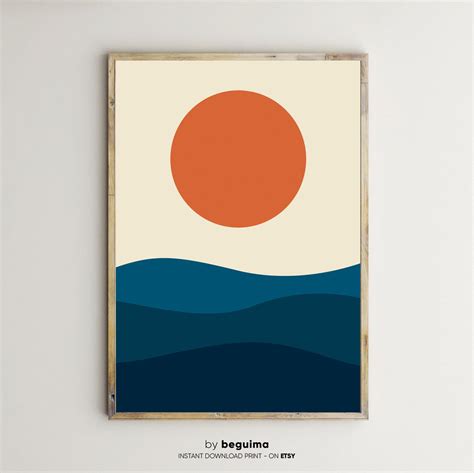 Sunset Sunrise Geometric Landscape Sea Wall Art Ocean Poster Waves