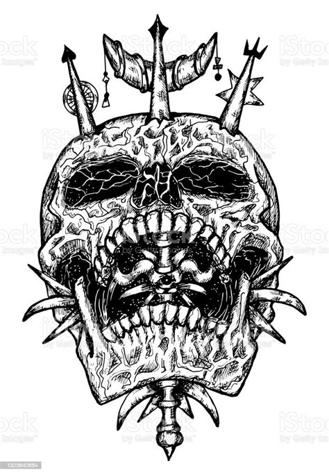 Black And White Scary Illustration Of Vector Skull With Wand And Magic