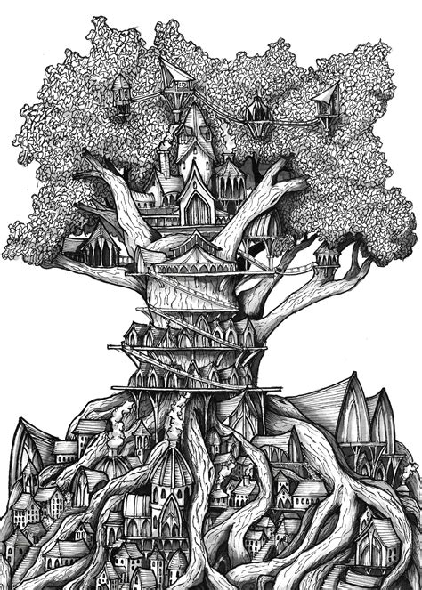 Do you wanna live in a red top tree houses in this forest? Treehouse, Giclee print. Original drawing, Black and white ...