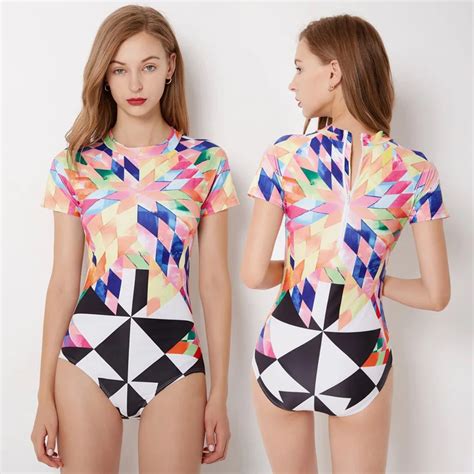 Short Sleeves Rash Guards Women Surf Swimwear Floral One Piece Swimsuit For Diving Uv Swimming