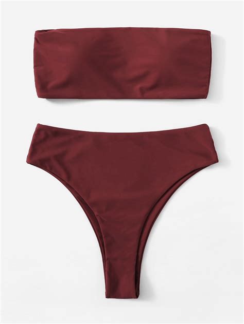 Burgundy Red Swimsuit Bandeau Top With High Waist Bikini Bottom