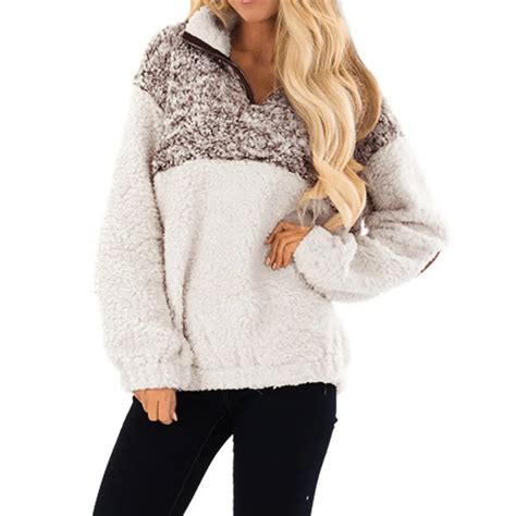 winter sherpa sweater patchwork fleece pullovers zipper turtleneck fluffy tops warm casual coat