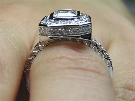 Engagement Ring Emerald Cut Diamond Bezel Set Double Halo Engagement