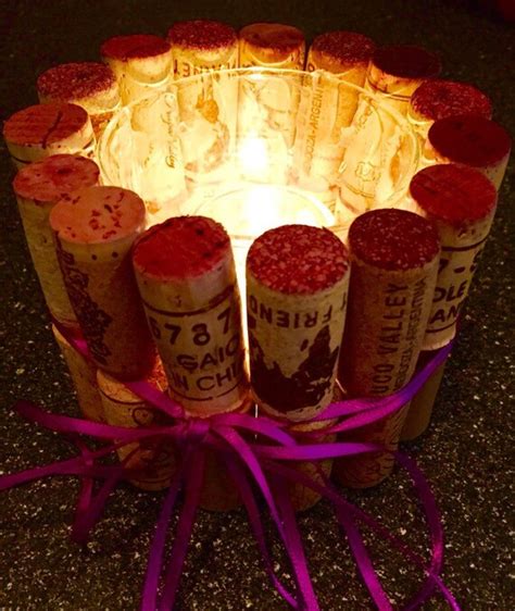 Recycled Wine Cork Candle Holder With Purple Ribbon