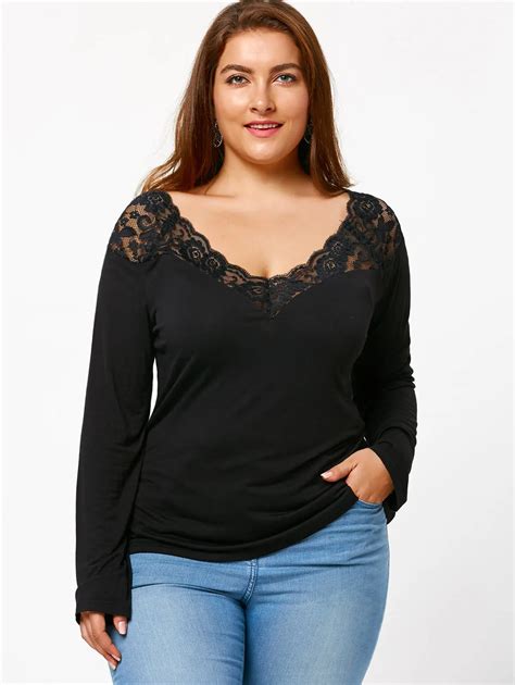 Wipalo 2018 New 5xl Plus Size Black Ladder Cutout Floral Lace Trim Ripped Women Tops V Neck Long