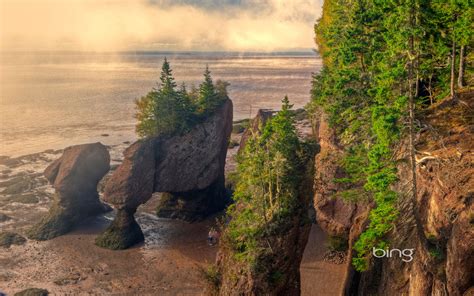 Fog Lifting Hopewell Rocks Flowerpots Sandstone Hopewell Bay Of