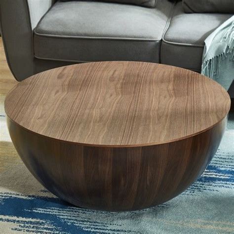 Round Drum Wood Coffee Table With Storage Walnut Bowl Shaped With Tray