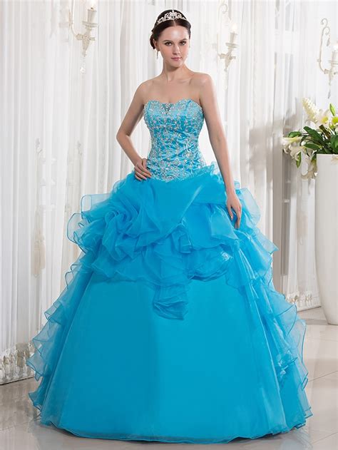Blue Floor Length Ball Gown Prom Dresses Sweetheart Embroidery Beaded