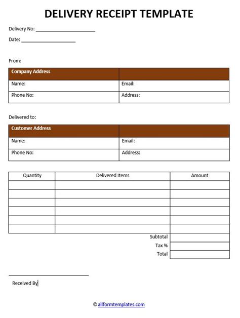 Printable Delivery Receipt Template Word Free