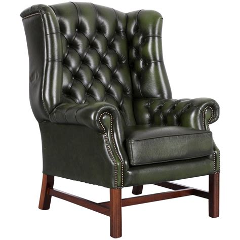Chesterfield Leather Armchair Wingback Green One Seat Green Leather