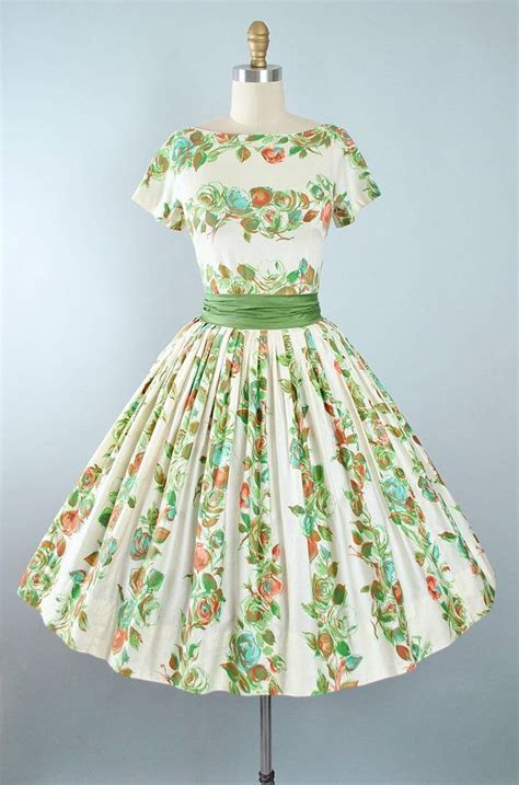 Vintage 50s Rose Print Dress 1950s Cotton Sundress Mint Blue Etsy