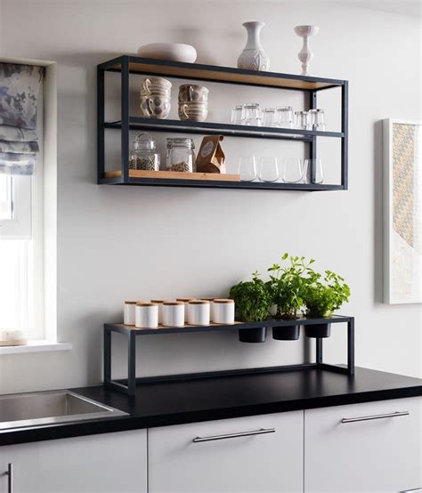 Freestanding Countertop Shelf Wood Black Metal Frame Shelves Home Decor Kitchen Kitchen