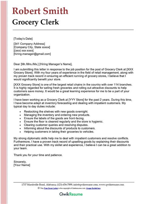 Grocery Clerk Cover Letter Examples Qwikresume