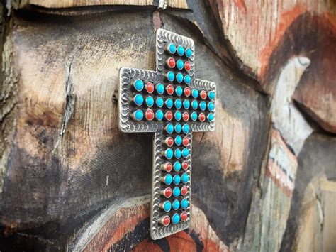 Signed Navajo Cross Coral Turquoise Pendant Brooch Native American