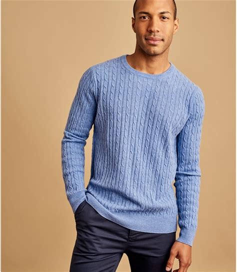 Sky Blue Mens Cashmere And Merino Cable Crew Neck Sweater Woolovers Us