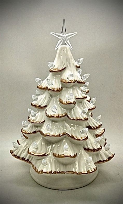 White And Gold Ceramic Christmas Tree With Lights Etsy Ceramic