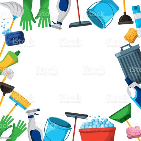 Spring Cleaning Supplies Border Tools Of Housecleaning Background Stock