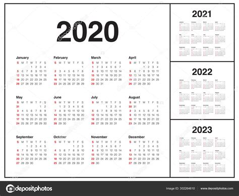 Year 2020 2021 2022 2023 Calendar Vector Design Template Stock Photo By