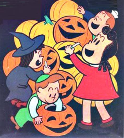Vintage Halloween Cartoon Children Carving Jol Pumpkins Vintage