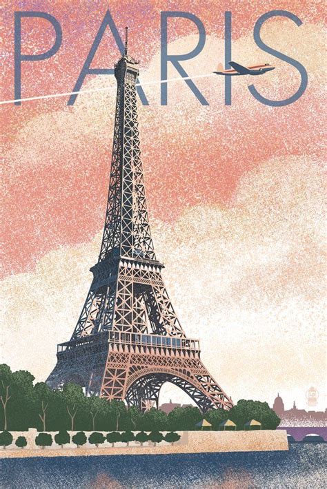 Paris France Eiffel Tower And River Lithograph Style