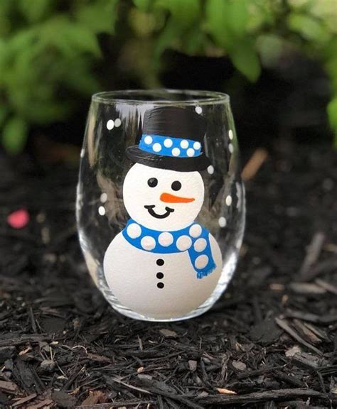 Snowman Handpainted Stemless Wine Glasswinter Wine Etsy Snowman