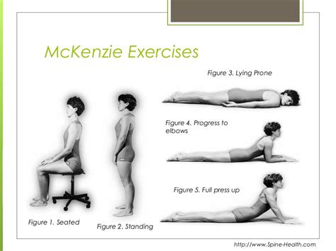 mckenzie exercises figure 3 lying prone figure 4 progress to elbows figure 5 full press up