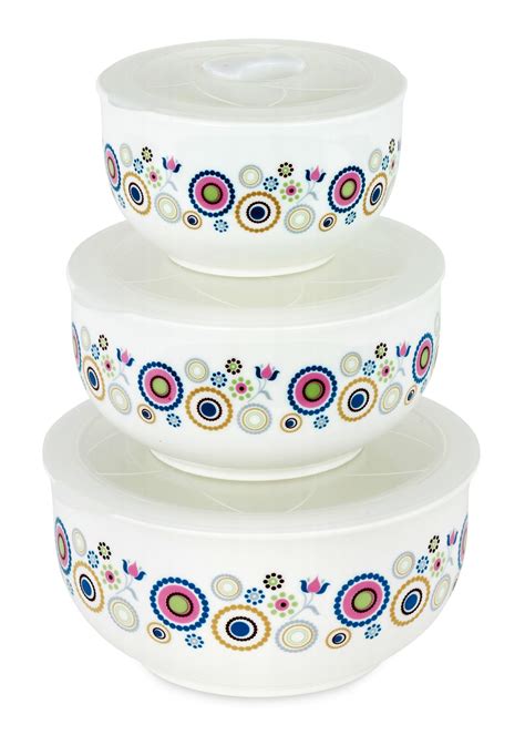 6 Pc Ceramic Bowls Set Food Storage Containers W Vented Lids Floral