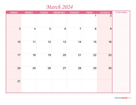 March Calendar 2024 With Notes Calendar Quickly