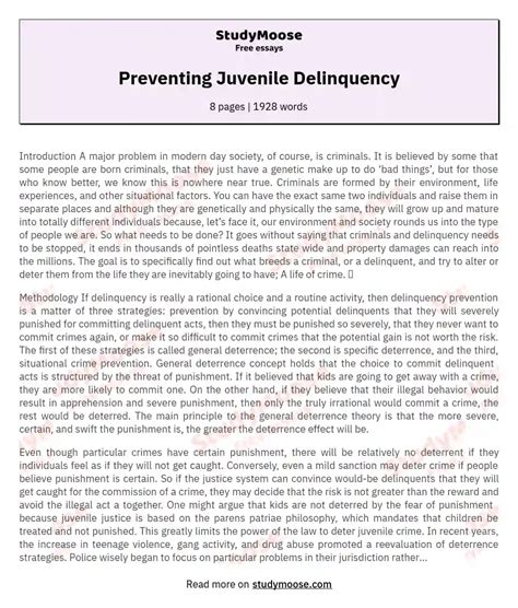 Preventing Juvenile Delinquency Free Essay Example