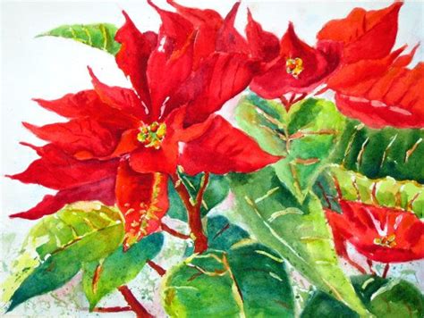 Christmas Poinsettias Original Watercolor Painting By Patchoffrut 125