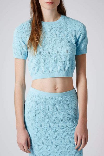 Topshop Knitted Lace Stitch Crop Top In Blue Lyst