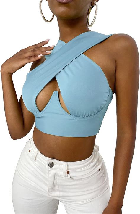Women S Sexy Criss Cross Cut Out Halter Crop Top Bandage Wrap Bustier Backless Vest Cami Tank