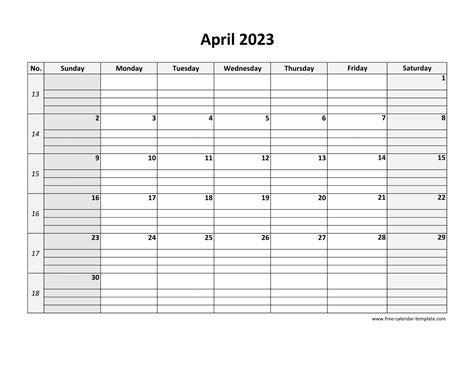 April 2023 Calendar Free Printable With Grid Lines Designed Horizontal