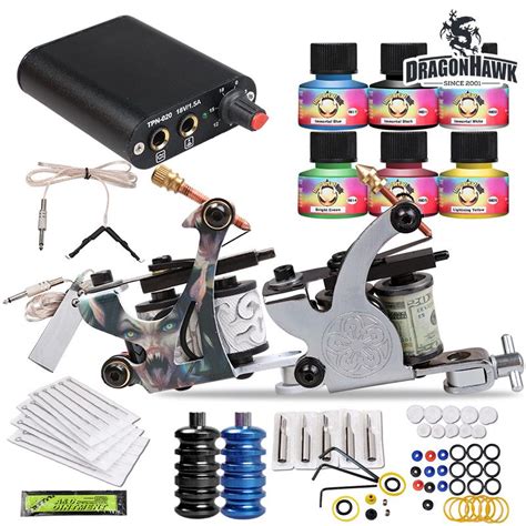 Dragonhawk Tattoo Kit 2 Machine Gun Usa Color Ink Tip Power Supply Set