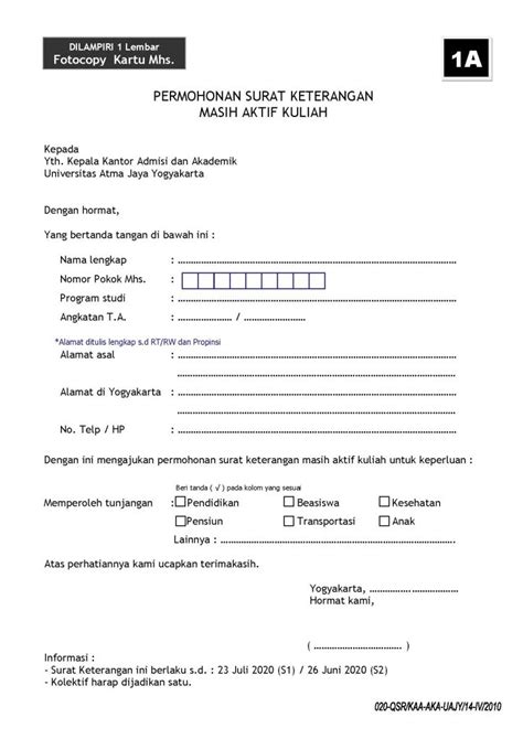Form Permohonan Surat Keterangan Aktif Kuliah Umum Kaa Uajy