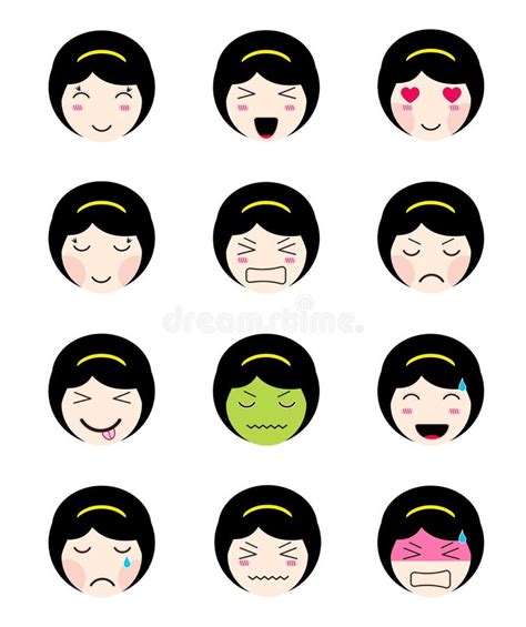 Cute Emoji Collection Kawaii Asian Girl Face Different Moods Stock
