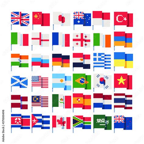 Flags Of Different Countries On Stick Pixel Art Icons Set China