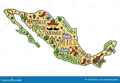 Colored Hand Drawn Doodle Mexico Map Mexican City Names Lettering And