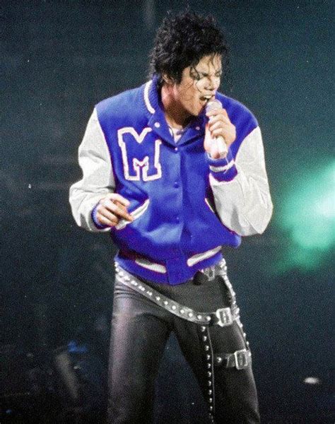 Mj In Blue Varsity Jacket On Stage Michael Jackson Pinterest