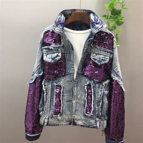 6317us Purple Sequins Spliced Jean Jacket Women 2019 Streetwear