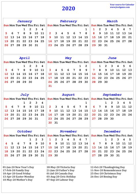 Year 2020 Calendar Canada Calendar Printables Free Templates