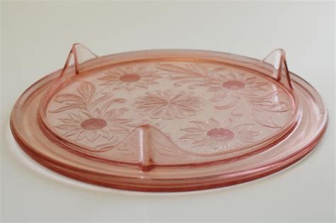 S Vintage Pink Depression Glass Cake Plate Jeannette Sunflower