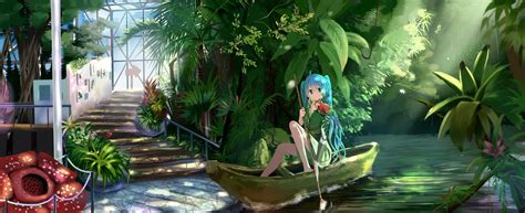Hình nền cây thuyền Hoa vườn tóc dài Anime cô gái Nước màu xanh lá Vocaloid Hatsune
